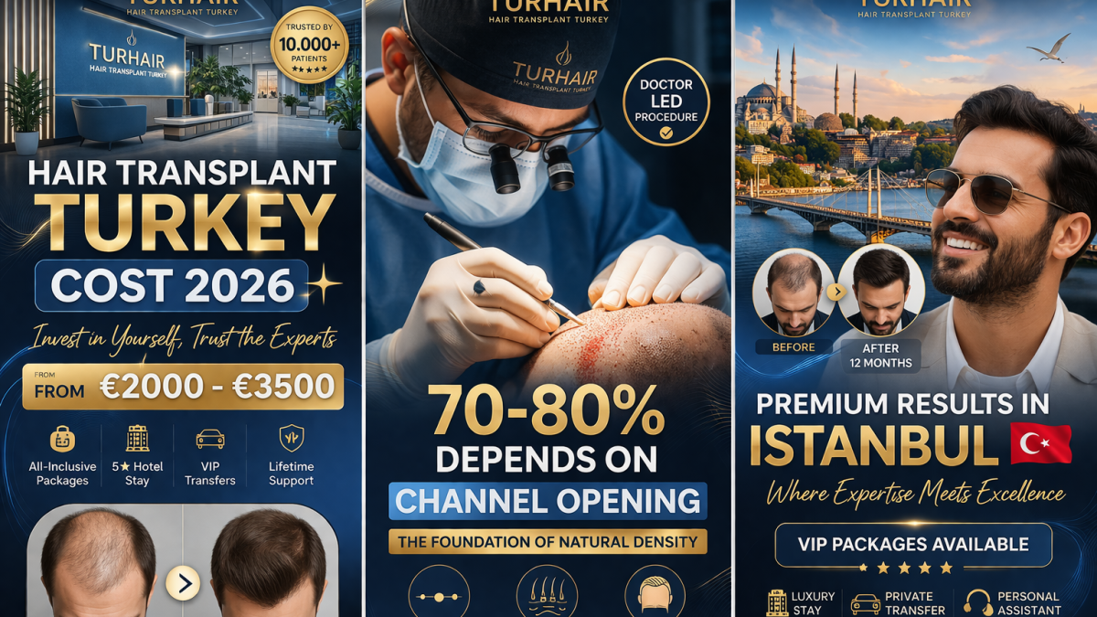 Hårtransplantasjon i Tyrkia i 2026 koster mellom €2000–€3500. Hos Turhair avhenger 70–80 % av resultatet av kanalåpning utført av lege for naturlig tetthet og retning.