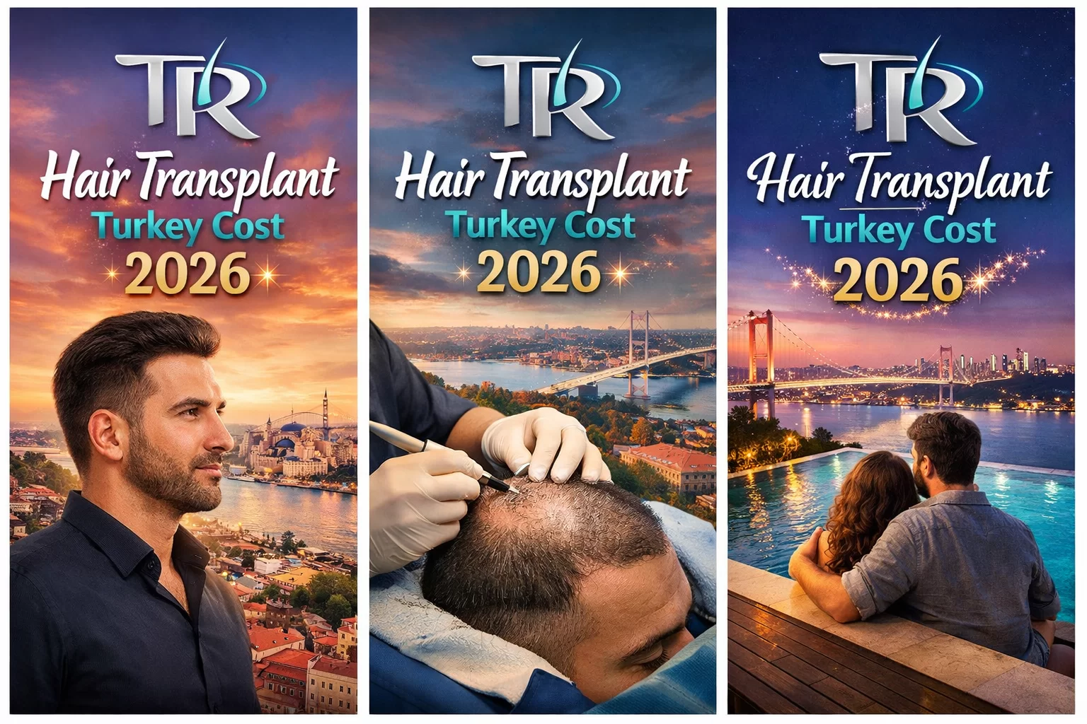 Dette bildet representerer hårtransplantasjonsprosessen i Tyrkia i 2026, inkludert pasientforvandling, legeledet kanalåpning og en premium opplevelse. Hos Turhair utføres hårtransplantasjoner med fokus på naturlige resultater, der legen personlig åpner kanalene – et kritisk steg som påvirker opptil 70–80 % av det endelige resultatet. Bildene gjenspeiler også Istanbul som en ledende destinasjon for medisinsk turisme.