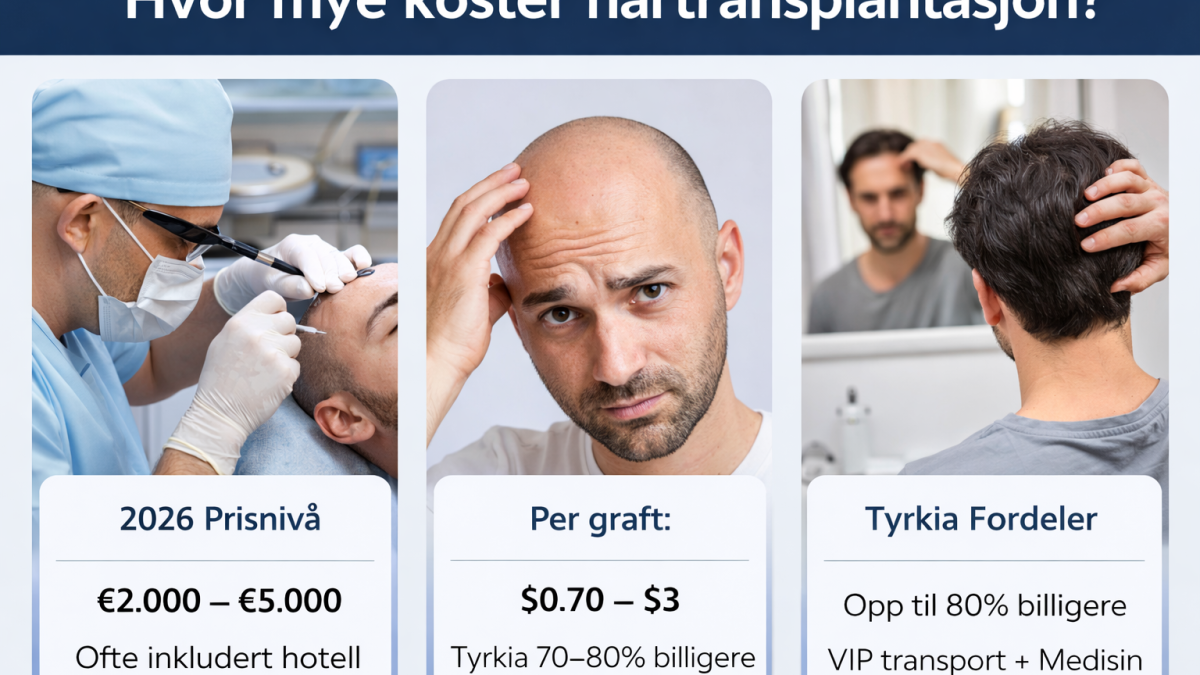 Hvor mye koster hårtransplantasjon i 2026 – pris per graft og Tyrkia kostnader forklart med eksempel €2000–€5000